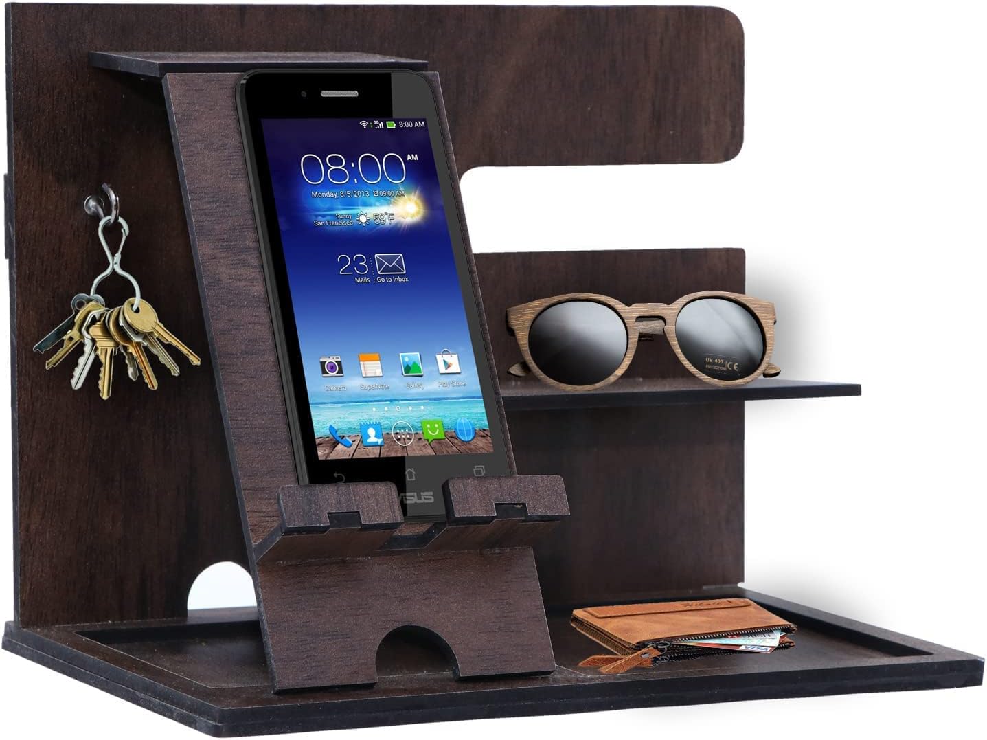MDF Phone Docking Station, Ash Desk Organizer, Tablet Holder, Key Hooks, Coin, Wallet, Watch Stand, Handmade Men Graduation Gift, Husband Anniversary
