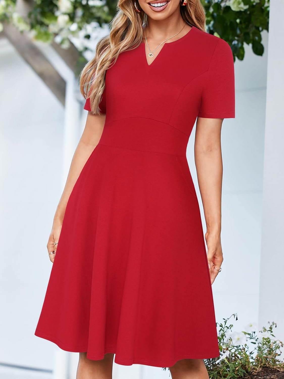 Sureple Semi Formal Dresses for Women Wedding Guest Summer V Neck Short Sleeve Fit and Flare Knee Length Dress with Pockets - Image 2