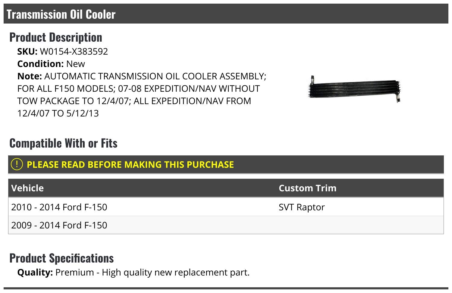 Marketplace Auto Parts Automatic Transmission Oil Cooler - Compatible with 2009-2014 Ford F-150 (without Tow Package)