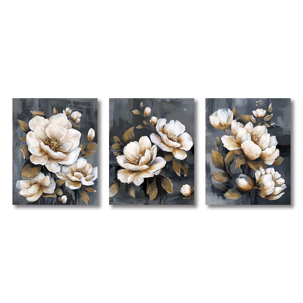 LIFKNVN Abstract White Golden Flower Posters Canvas Painting Nordic Prints Botanical Wall Art Retro Pictures for Living Room Decoration(30x45cmx3/Without frame)