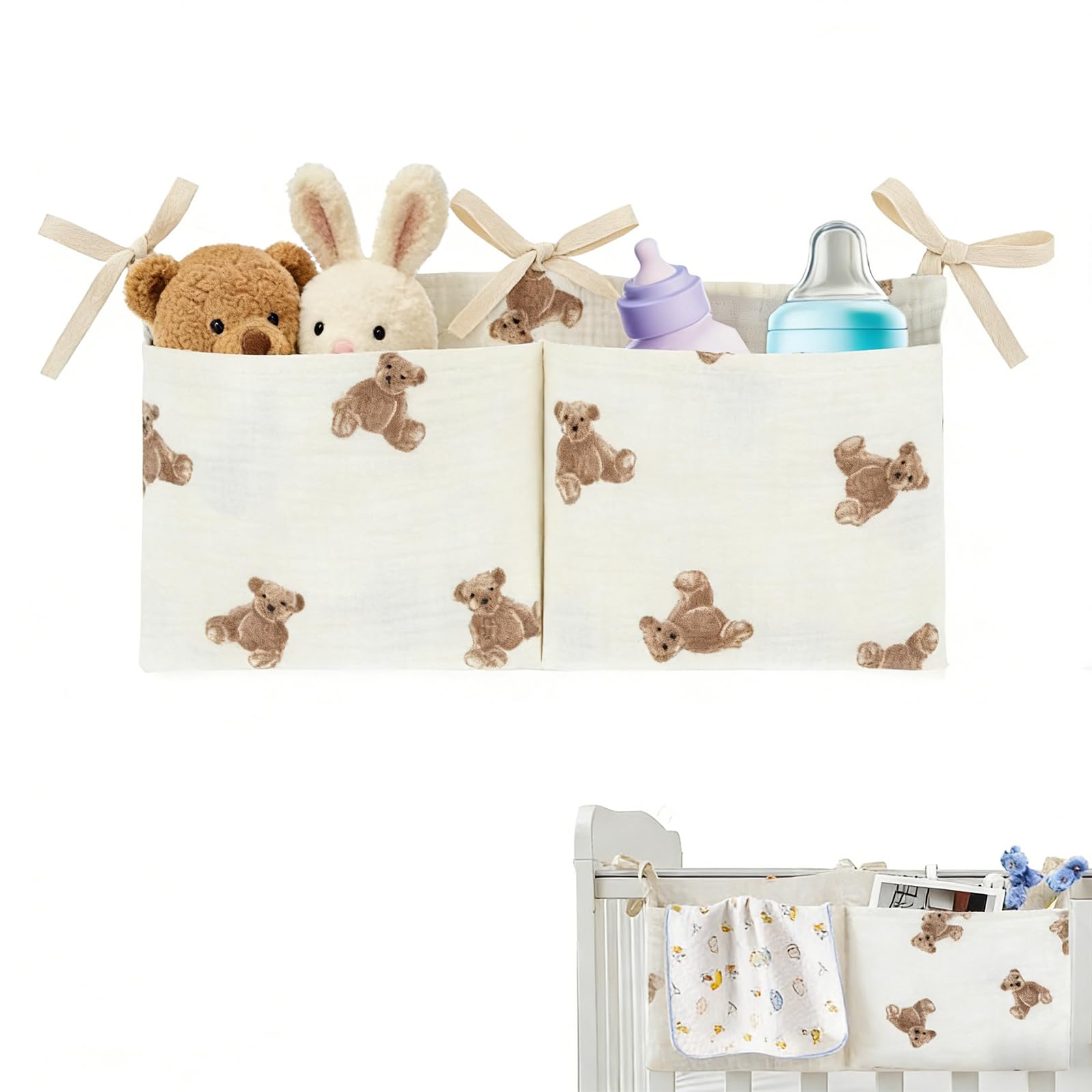 Babybett Organizer Hängend,2-in-1 Baby Kinderzimmer Organizer,Aufhängen Babybett Verstellbarer Organizer mit Bäre,Kinderzimmer Hängender Bett Zubehör,Geeignet für Aufbewahrung von Windeln,Spielzeug
