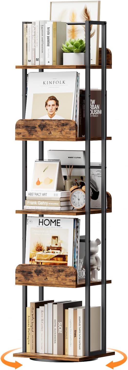 Bikoney Rotating Bookshelf, 360 Display Spinning Bookshelf Tower, 5-Tier Narrow Bookcase, Tall Industrial Book Shelf Organizer, Small Corner Book Shelves for Living Room, Black