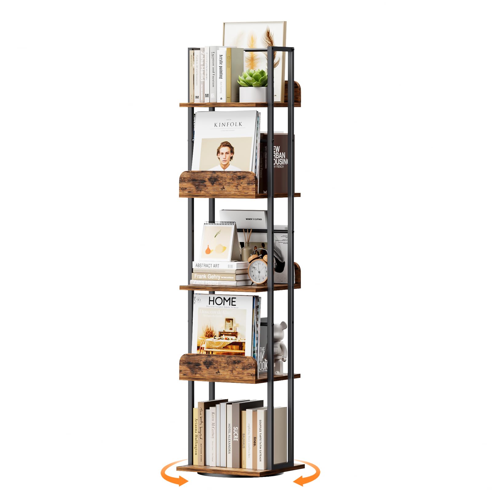 Bikoney Rotating Bookshelf, 360 Display Spinning Bookshelf Tower, 5-Tier Narrow Bookcase, Tall Industrial Book Shelf Organizer, Small Corner Book Shelves for Living Room, Black