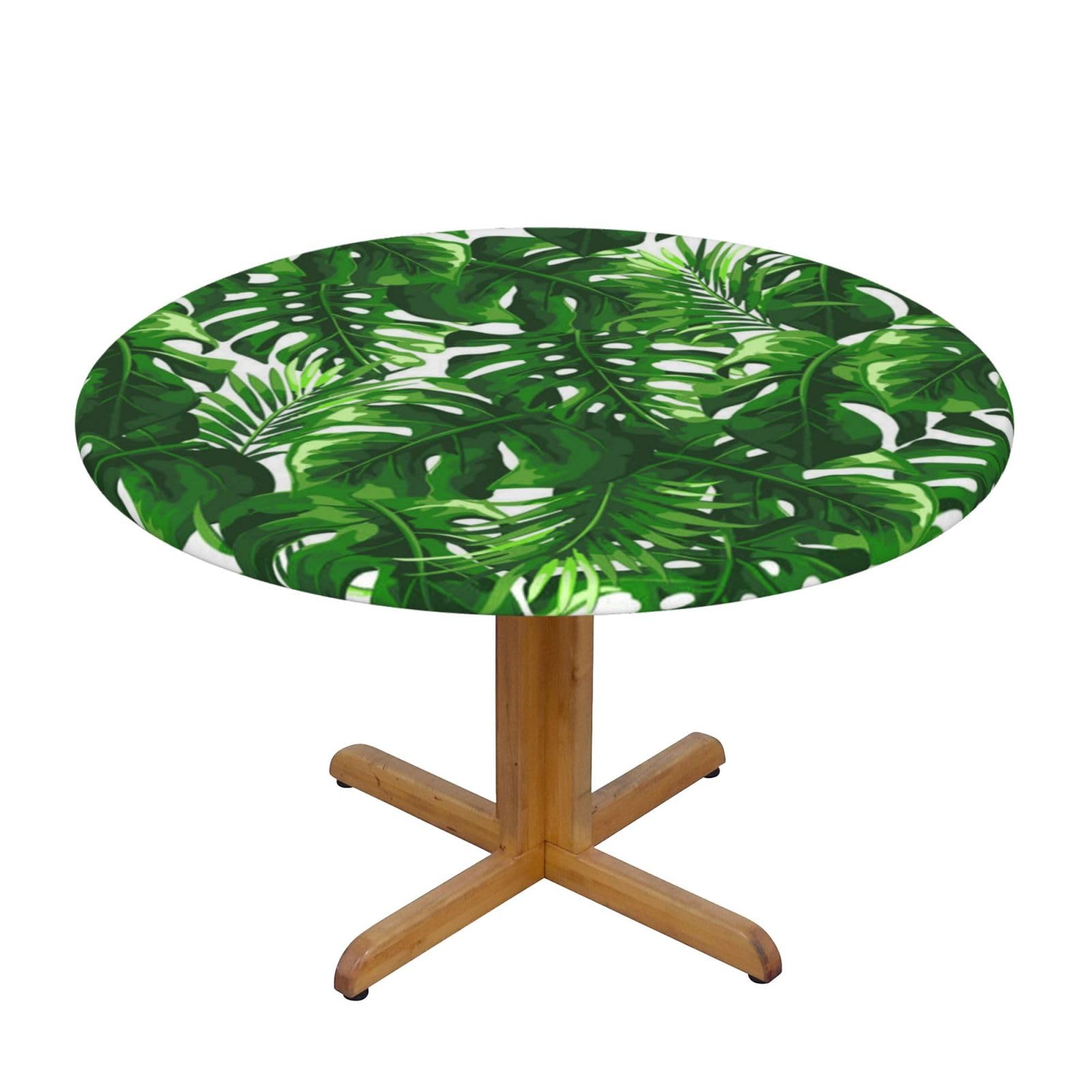 BNVSADC Monstera Deliciosa Banana Palm Printed Round Tablecloth with Elastic Edged, S(122CM Diameter), Kitchen Water Resistant Fabric Table Cloth Dining Table Decoration Table Covers