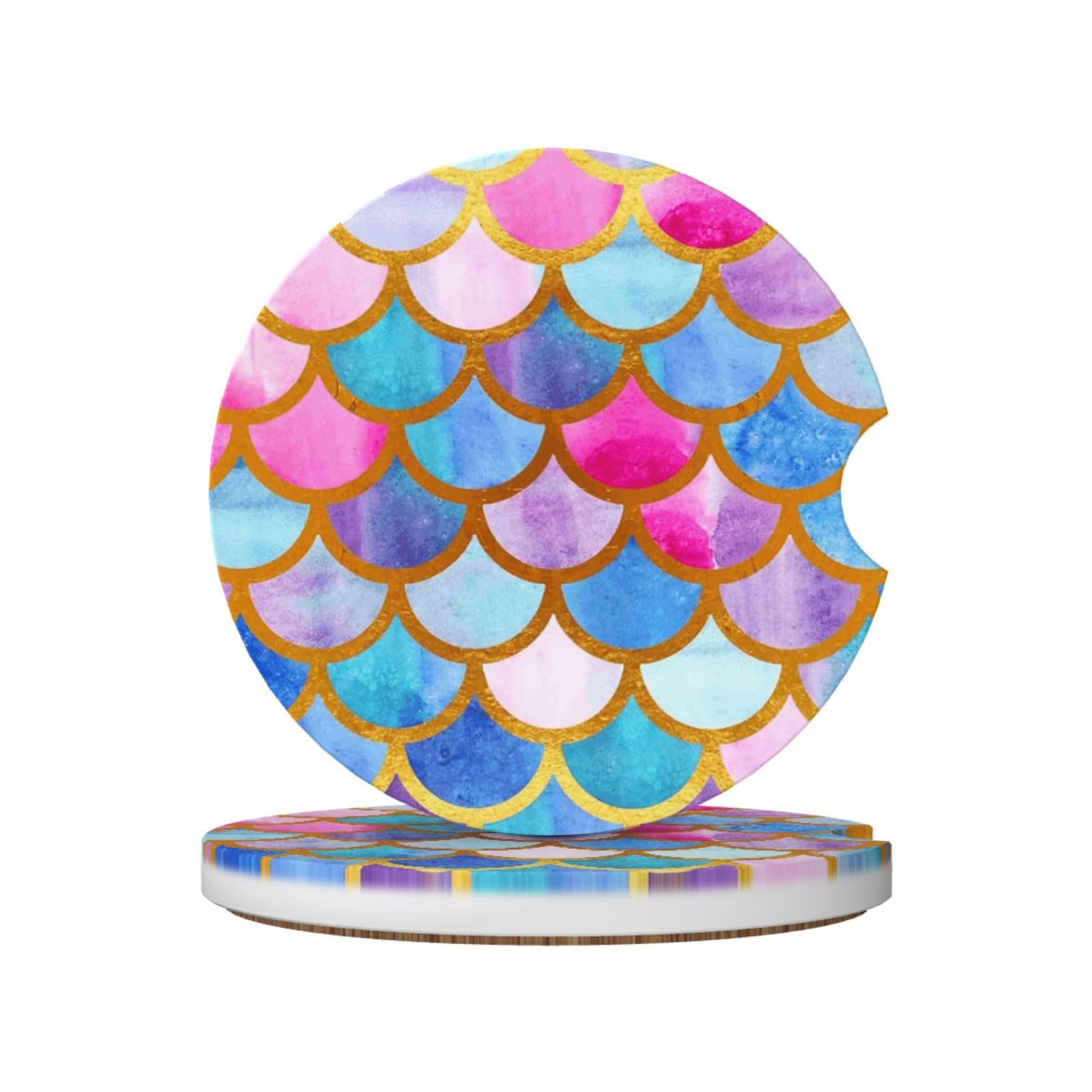 Colorful Rainbow Printed, Car Cup Holder Coasters 2 Pack, Absorbent Ceramic Car Coasters with Non Slip Cork Base