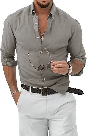JMIERR Men's Cotton Linen Button Down Shirt Casual Stylish Long Sleeve Business Dress Shirts