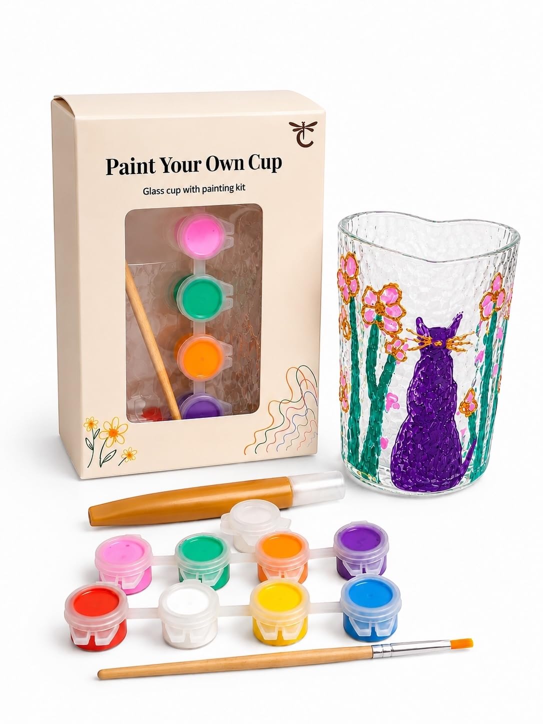 Cocotones Paint Your Own Glass Cup Kit for Adults, DIY Glass Painting Craft Set, 300ml Heart-Shaped Glass Cup, 8 Waterproof Non-Toxic Paints, Gold 3D Marker, Creative Gift