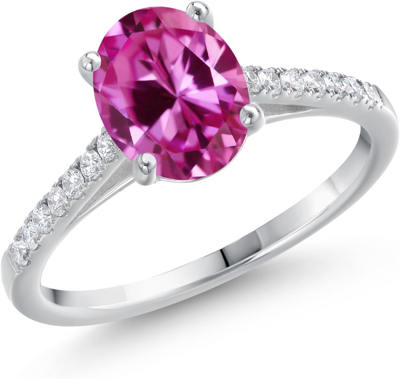 Gem Stone King 14K White Gold 9X7MM Oval Gemstone Birthstone and White Lab Grown Diamond Engagement Ring | Gold Ring For Women | Available In Size 5-9