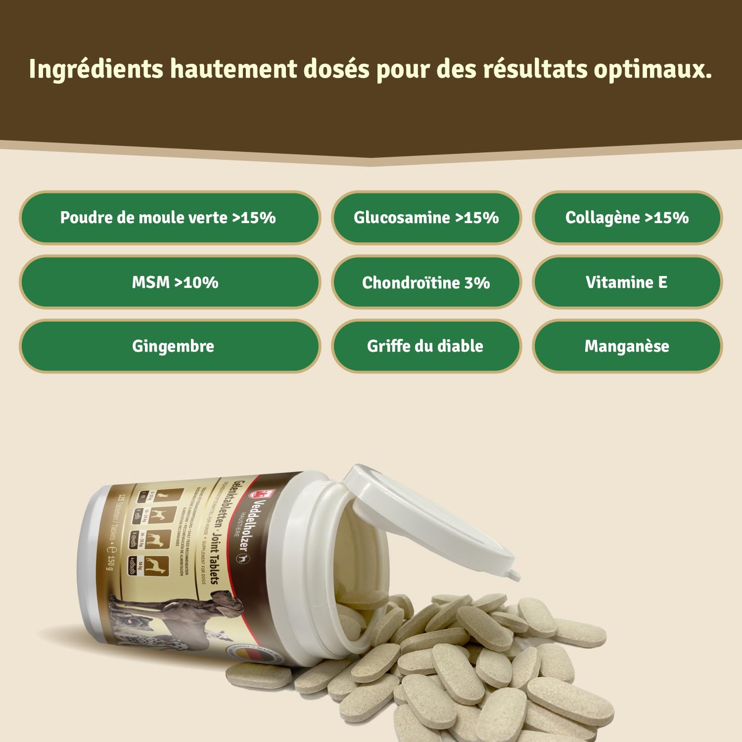 Veddelholzer LAURÉAT DE COMPARAISON DE Produits 2024 Comprimés Anti arthrose Chien articulations pour Chiens avec Moule aux orles Vertes MSM & Griffe du Diable, glucosamine & collagène 125 comprimés