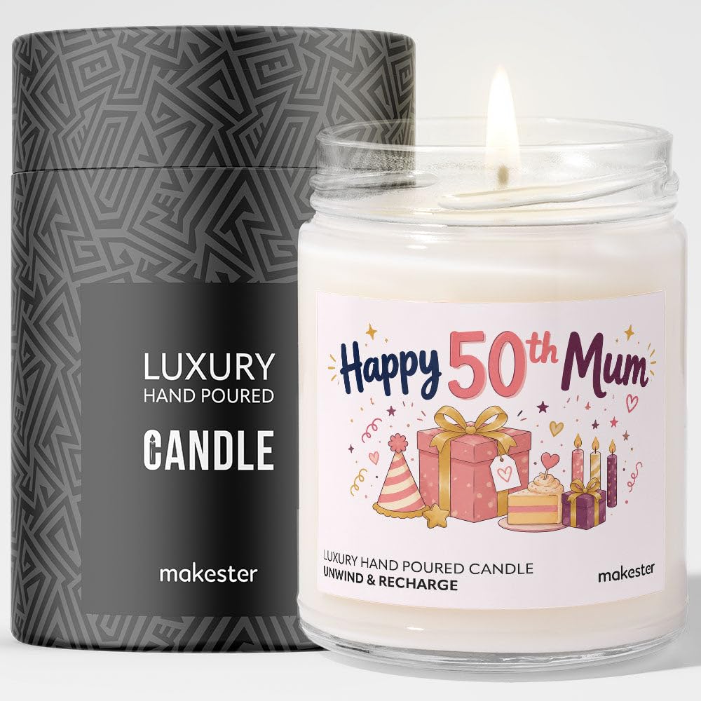 50th Birthday Gift for Mum - Luxury Soy Wax Candle - Vanilla, Jasmine, Sugared Almond - Makester — image 1
