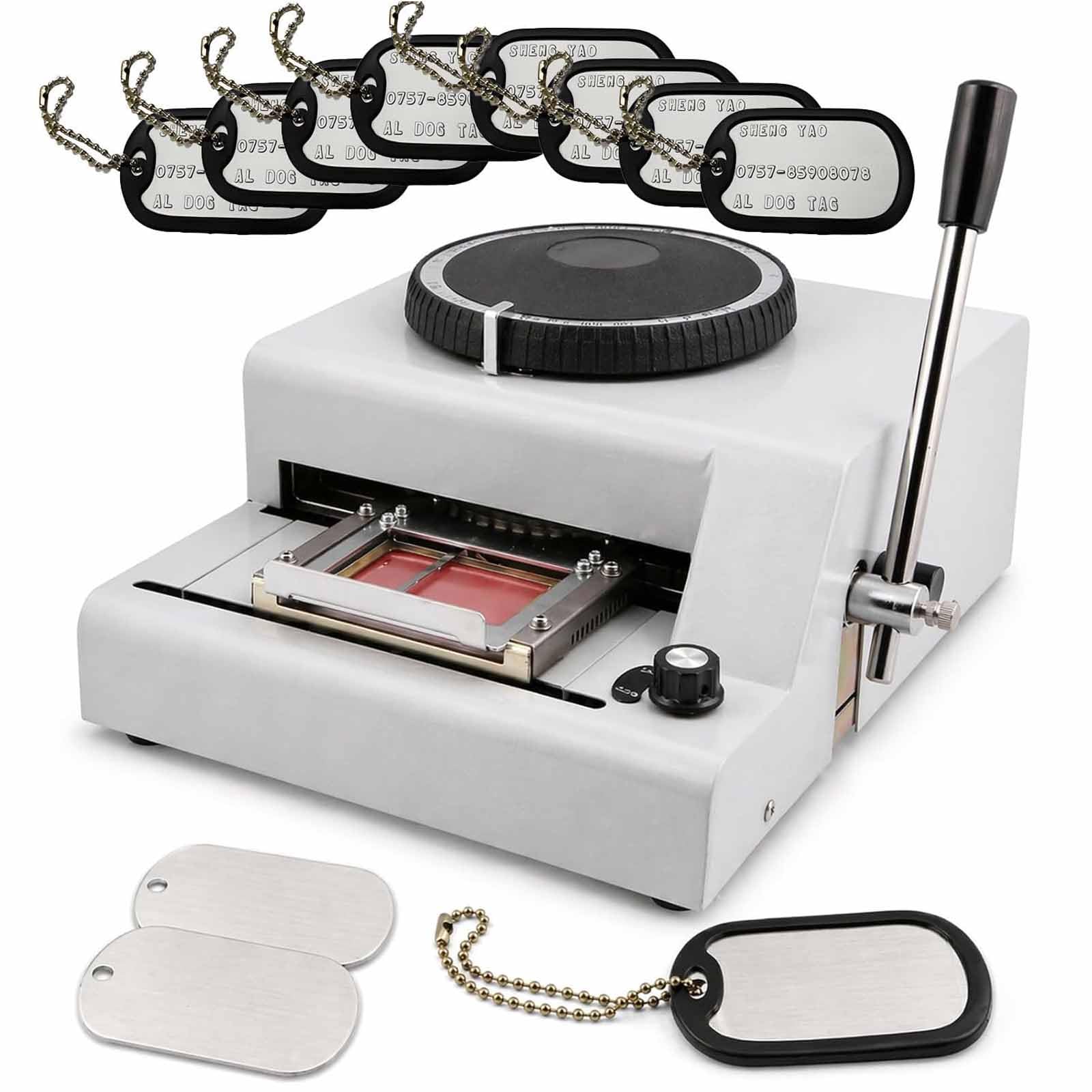LIULIQ Dog Tag Coding Embosser Machine, 72 Characters Manual Embossing Machine with 30 Aluminum Dog Tag, Precise Positioning,Adjustable Character Spacing and Depth for DIY Custom Pet Name Plates