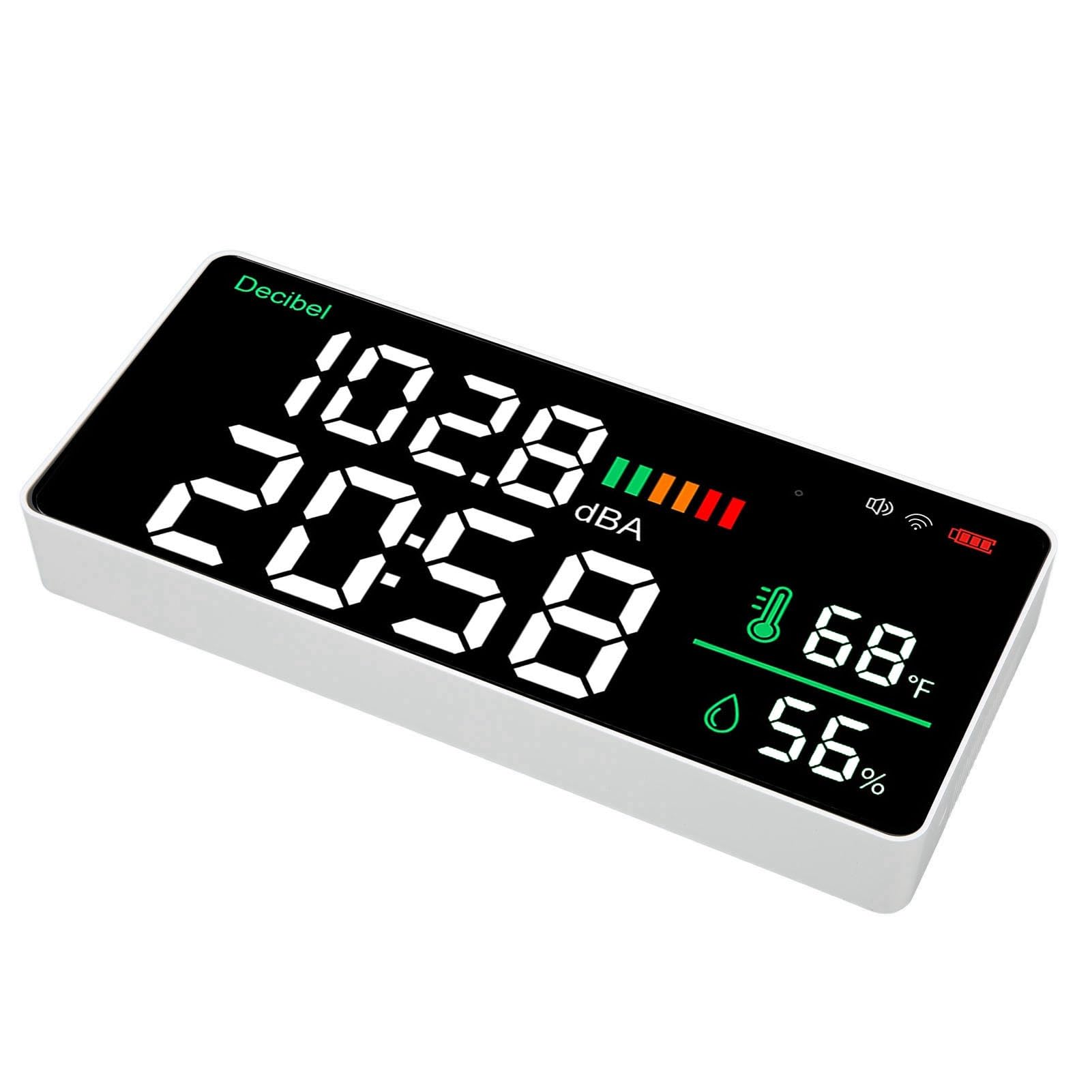 Aramox Medidor de Decibelios Montado en la Pared, Medidor de Nivel de Sonido ABS con Pantalla LED de 11 Pulgadas, 30 a 130 DBA WiFi App Monitor de Tiempo de Humedad y Temperatura para Aula, Estudio,