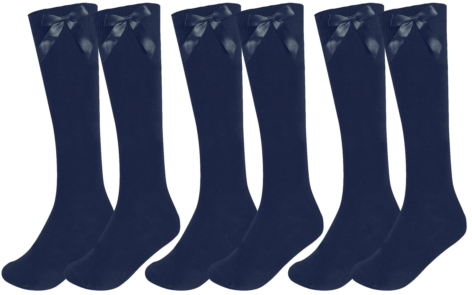 Thread Linens 3 pares de calcetines altos hasta la rodilla con lazos, volantes, con porcentaje de algodón, cintas mullidas, lazos, calcetines largos para niñas (12-13, azul marino)