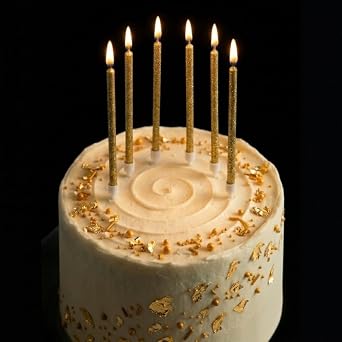 6 Pack Tall Gold Glitter Candles with Holders 14cm   Elegant Sparkling Birthday Cake Decorations   Reusable Long Thin Wax Tapers for Anniversary, Wedding & Party Toppers