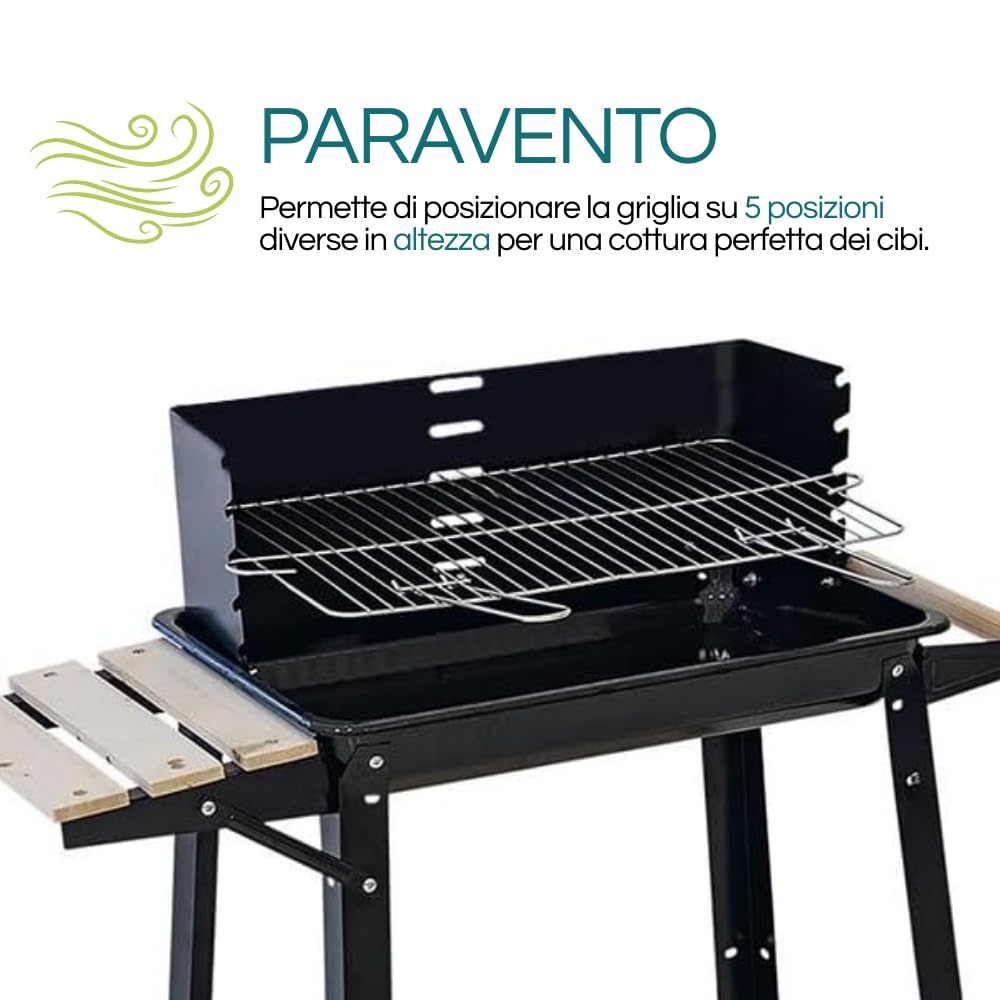 Virsus Barbecue a Carbonella in metallo, misura 53x33x85 cm, Grill portatile con 2 Ripiani in legno e griglia regolabile, Barbecue portatile con manico in legno e ruote per esterno 9754C