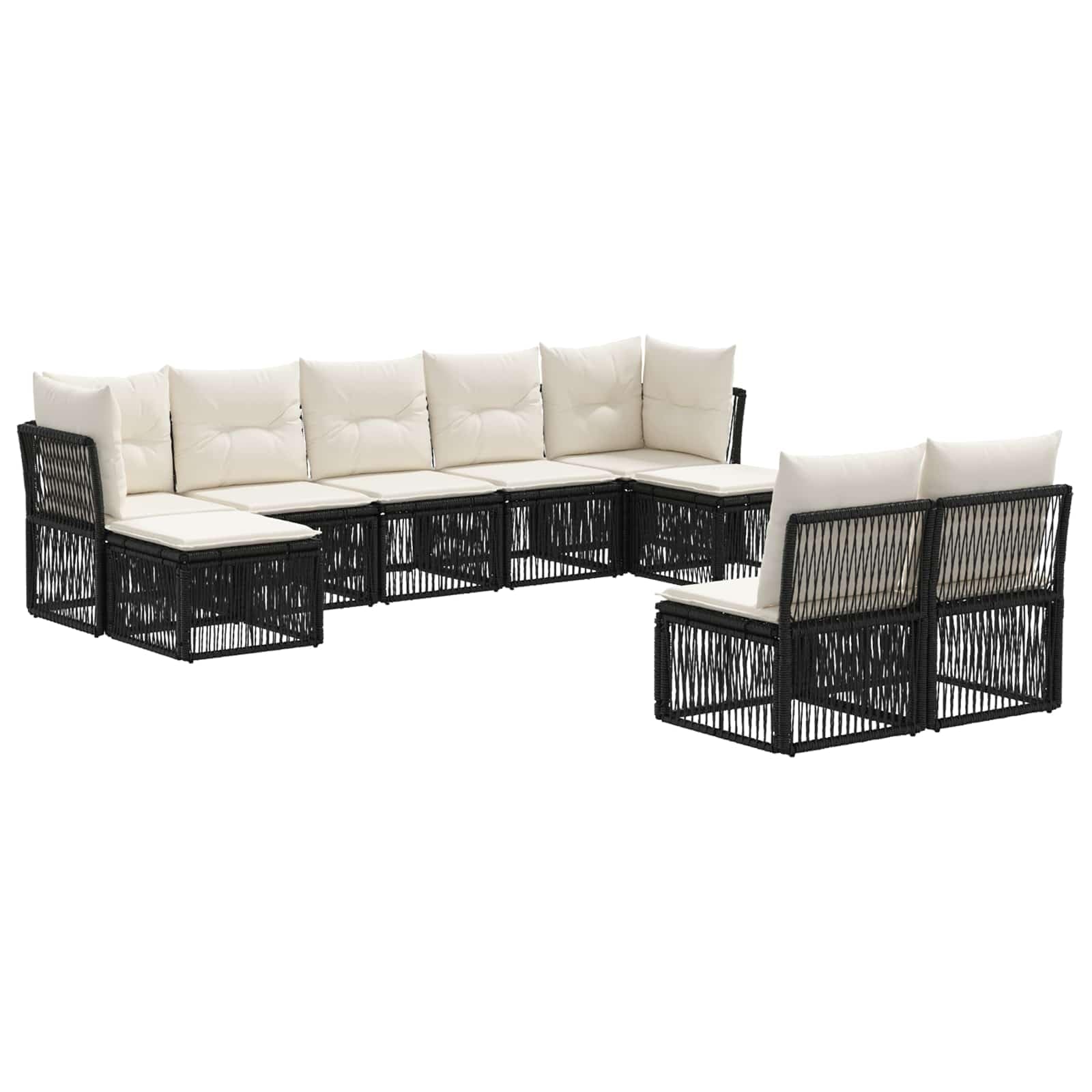 Set di 9 divani da giardino in polyrattan, colore nero | Salotto angolare modulare per giardino e terrazza con robusto telaio in acciaio e comodi cuscini per un massimo di 9 persone.