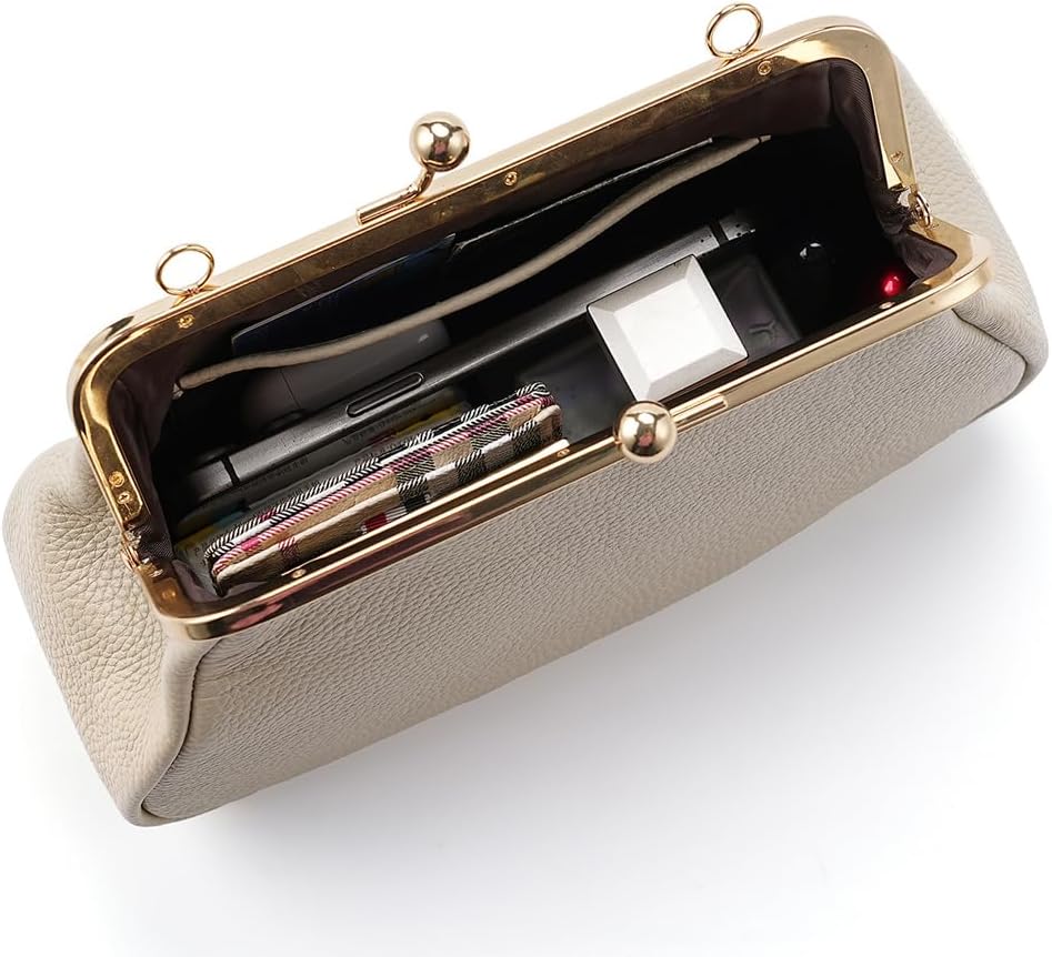 Kiss Lock Shoulder Handbag for Women Genuine Leather Handbags Kiss Clasp Shoulder Bags Elegant Vintage Clutch Purse - Image 4