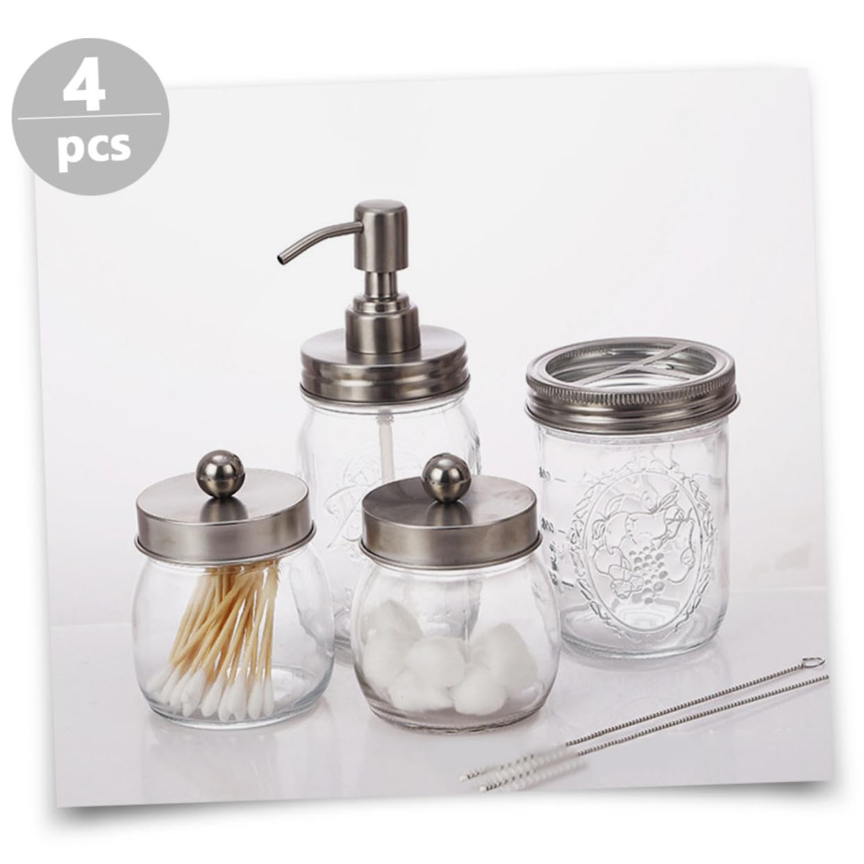 Kit de Accesorios para Baño Vaso Porta Cepillos de Dientes de Vidrio Plata y Botella Dispensadora de Loción para Uso Hogar y Baño