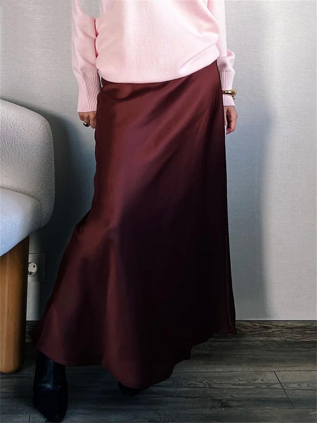 Kobiety Długie Eleganckie Imprezowe Satynowe Maxi Kawa Linia Sznurowane Grube Czarne Spódnice