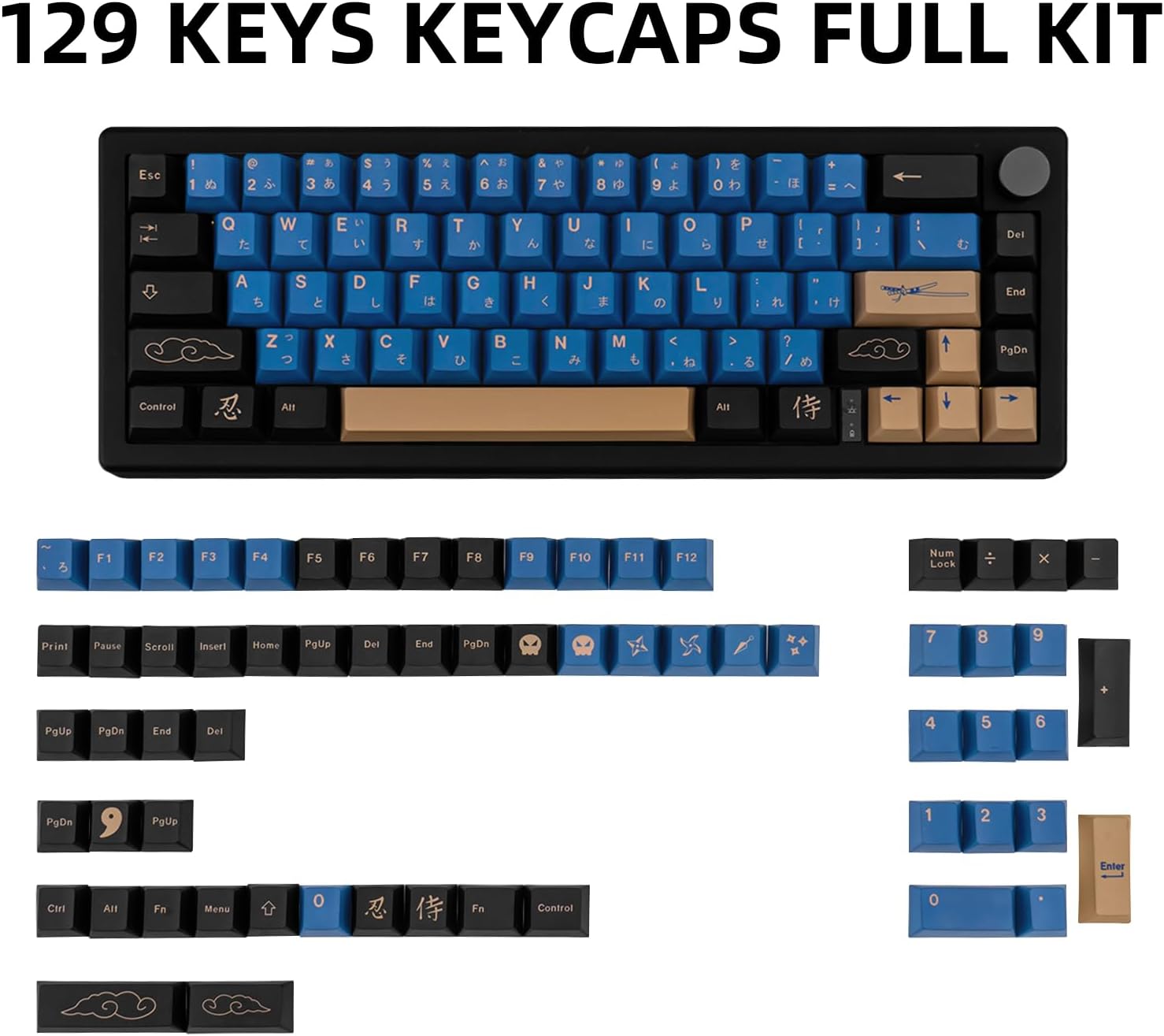 Blue Samurai Keycaps 129 Keys, Cherry Profile Dye Sublimation Keycaps for Gaming Keyboard, PBT Customized keycaps Set with Puller for Cherry Mx Switches Mechanical Keyboard