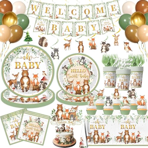 Woodland Baby Shower Decorations,196pcs Woodland Baby Shower Plates and Napkins Cups Sage Forest Animals baby Shower Tablecloth Cake Toppers Balloons for Boy Babys Shower Decorations