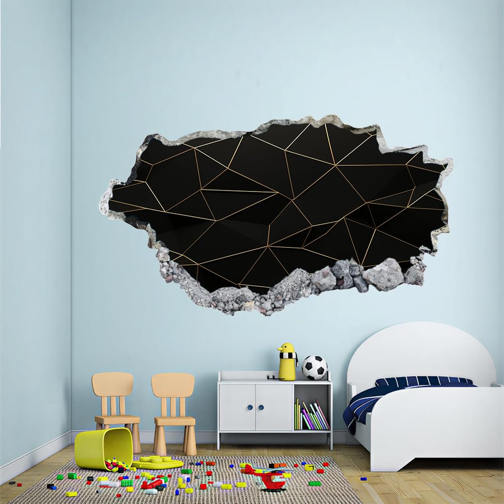 3D Wandtattoo Durchbruch Wanddeko Geometrie Wanddurchbruch sticker Wandbild Wandsticker Schwarze Und Goldene Linien Wohnzimmer Wanddeko Wandaufkleber für Kinderzimmer Mädchen Teenager Zimmer