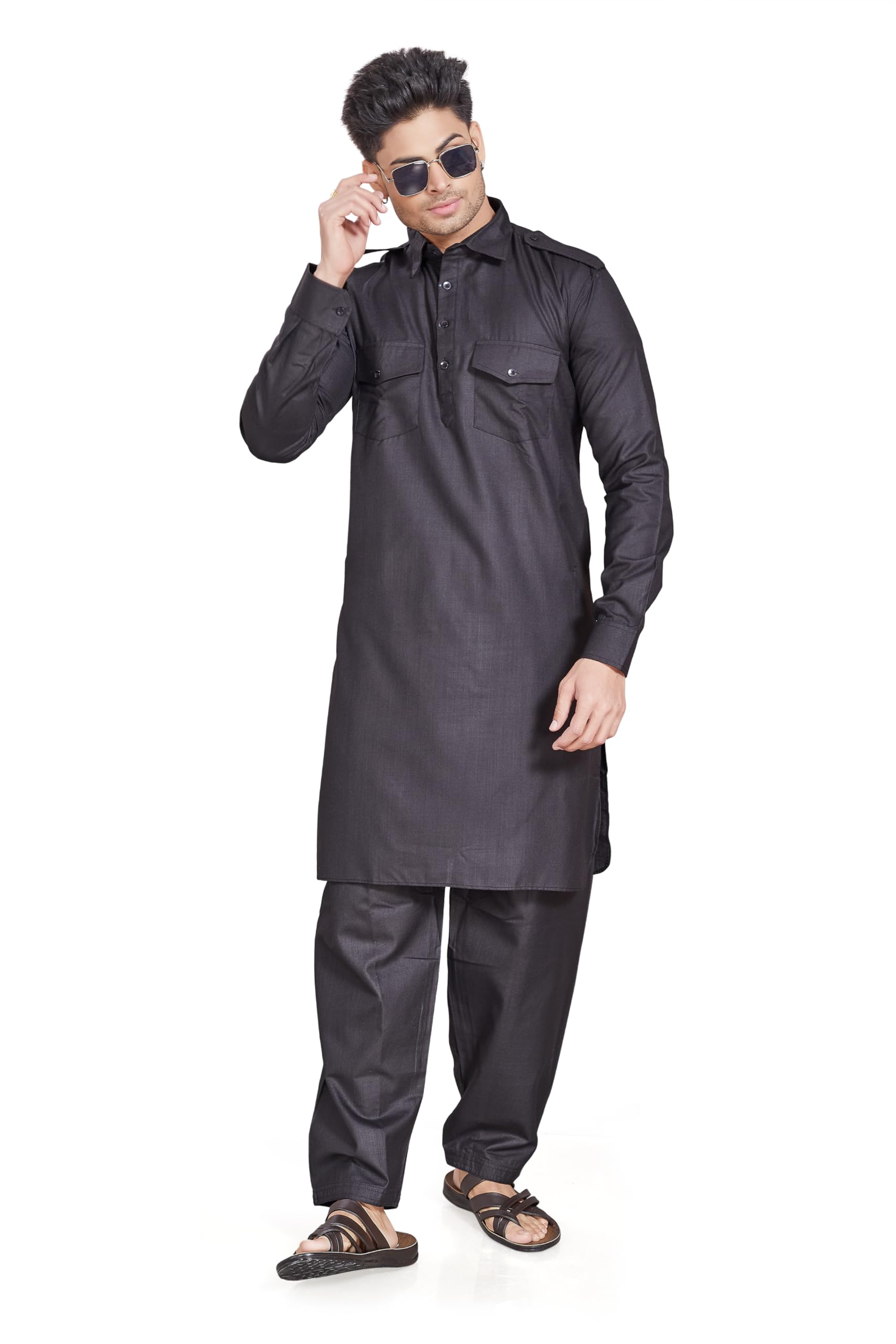 Divisive Men's Cotton Blend Pathani Kurta Pyjama Set (Dkrt455_Xl_Black)