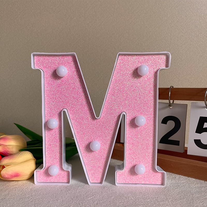 [8.85 * 7 * 1.77 inch] Shiny Pink LED Lighted Letter Light, Battery Powered English Alphabet, Warm Glow, Great For Proposal, Wedding Decor, Restaurant Decoration (Pink, M)
