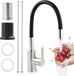 Grifo de cocina con caño flexible giratorio 360°, arco alto, alta presión, grifo de cocina de acero inoxidable, alta presión, grifo de fregadero con mangueras de entrada de agua, grifo de