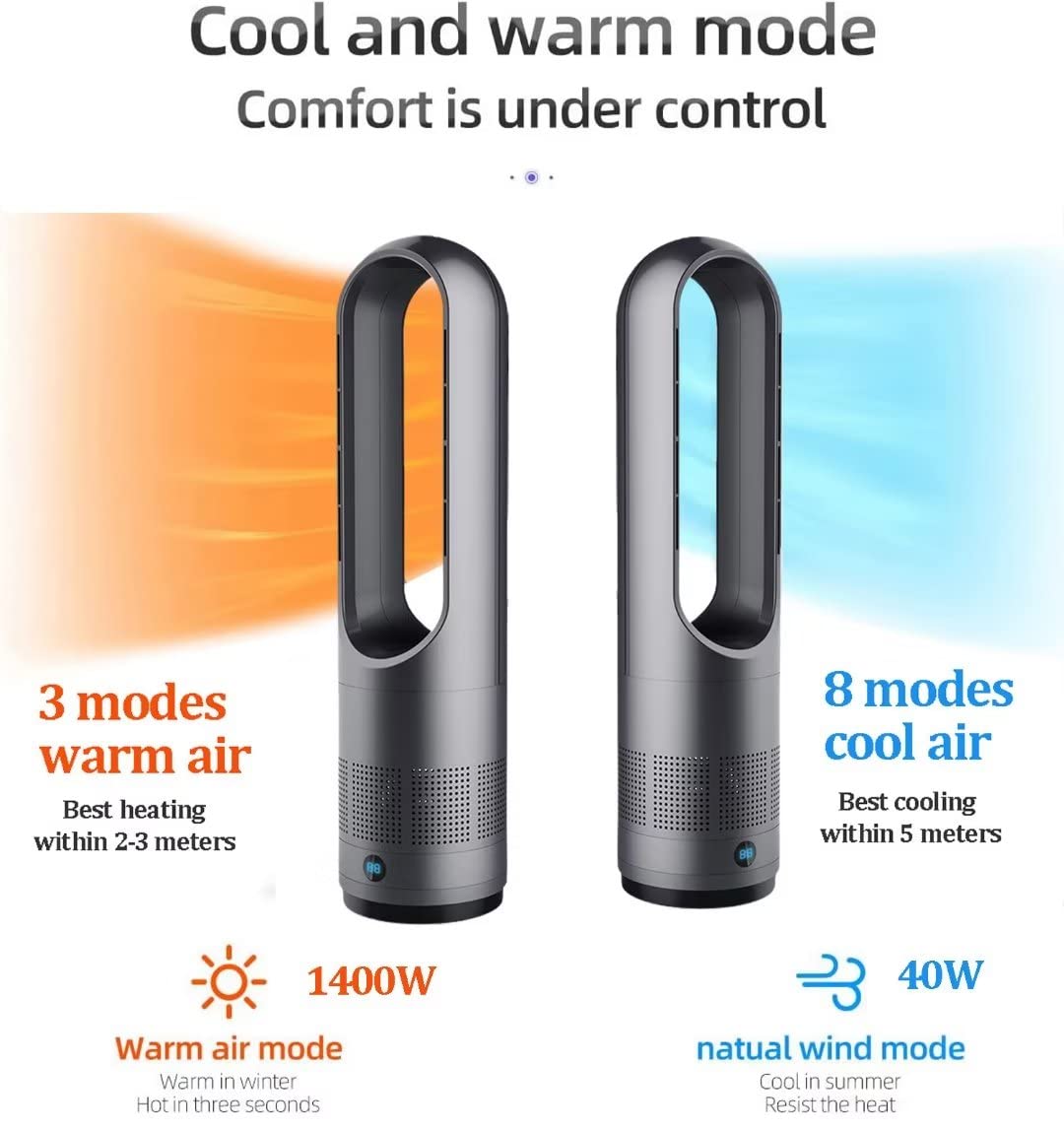 Bezłopatkowy wentylator wieżowy 40 W, cichy wentylator kolumnowy z pilotem zdalnego sterowania, wyświetlaczem LED, 8 stopni prędkości i oscylacją 80°, do pokoju, biura i salonu, kolor czarny szary