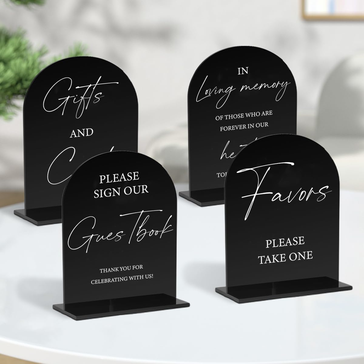 Acrylic Cards and Gifts Sign with Stand, 5x7 inch Black Arched Wedding Table Signs and Base, 1/8" Thick Arch TableTop for Wedding Reception & Event Party Table (Black, All 4pcs)