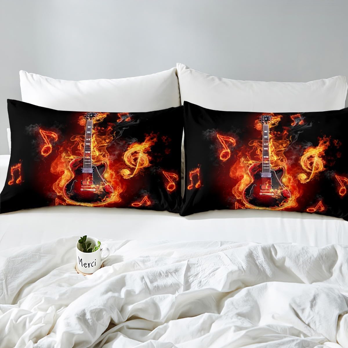 Guitar Duvet Cover Twin Size, Musical Instrument Theme Flame Guitar and Notes Print Comforter Cover for Kids Boys Room Decor, Rock Musical Modern Style Bedding Set with 1 Pillowcase, 2pcs