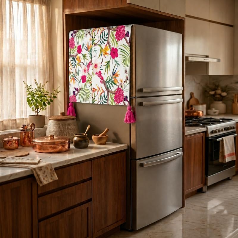 Image of WWW.THROWPILLOW.IN Fridge Top Cover for Triple Door 100-250L | Dustproof Refrigerator Cover with Corner Tassels | No Pockets | Floral Print | Fridge Cover Mat for Triple Door Fridge