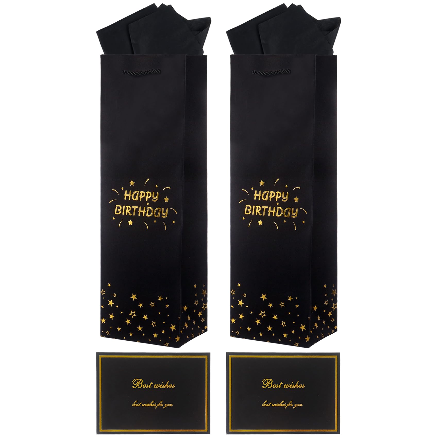 2 Pack Birthday Bottle Bag Black Wine Bags with "Happy Birthday" Design Tissue Paper & Gift Cards