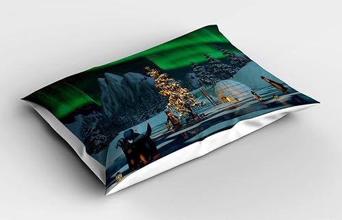 Miniatura 2 de Ambesonne Aurora Borealis - Funda de almohada, diseño de pingüinos en lago congelado con árbol de Navidad, diseño de círculo ártico de Noel, funda