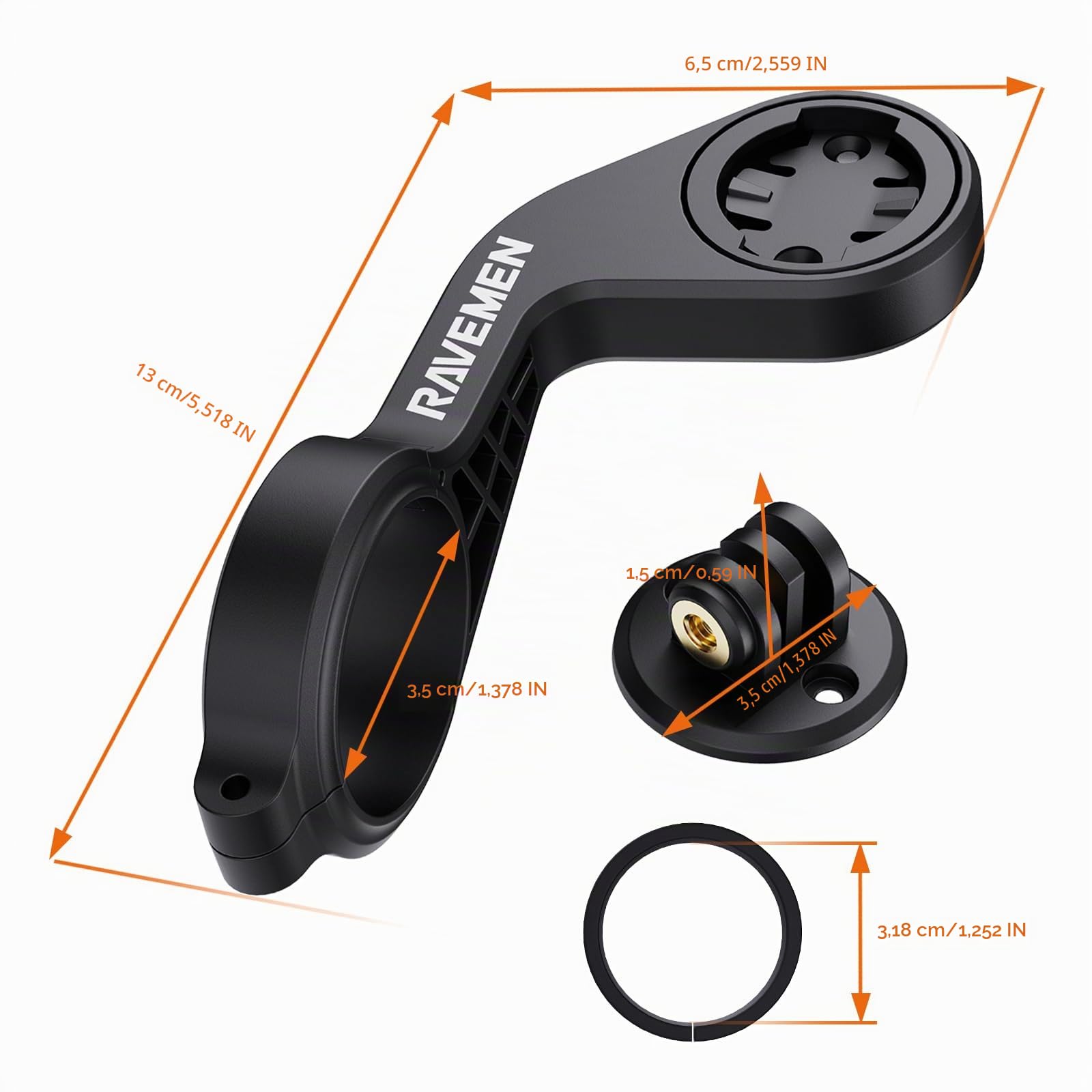 RAVEMEN AOM01 Support Compatible avec Garmin/COOSPO/CYCPLUS/iGPSPORT Compteurs Vélo, Compatible avec GoPro/FR160/Éclairage Avant,Convient aux guidons de 31,8 mm