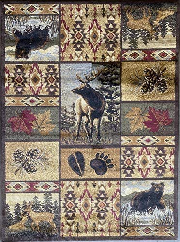 Cabin Style Distressed Antiquated Area Rug Black Bear Elk Deer Wildlife Animal Country Hunting Southwest Wilderness Design 760 (7 Feet 7 Inch X 10 Feet 6 Inch)