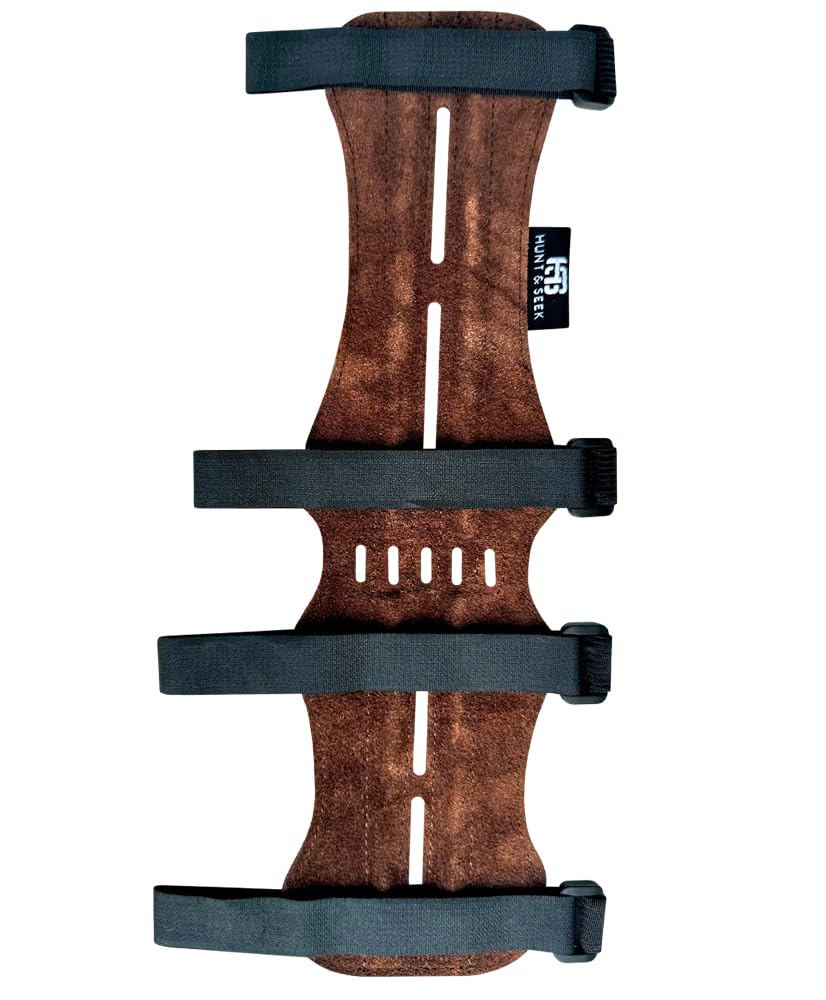 Hunt & Seek Suede Leather Archery Arm Guard 4 4 Hook-and-Loop Adjustable Straps Hunting Arm Guard Forearm Wrist Protector Archery Bracer Adult Unisex - Brown