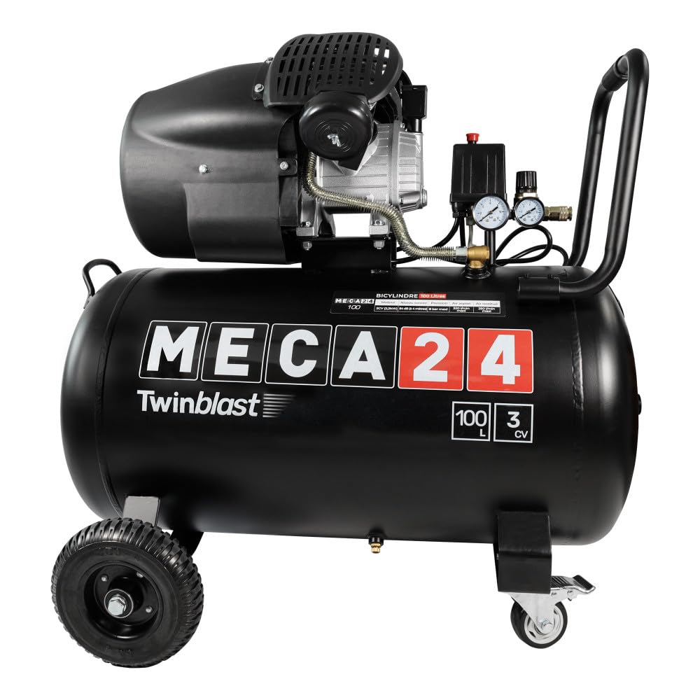 Compresseur Bicylindre 3CV - Cuve 100L - Compresseur à air - 2200W - Pression 8 bars - Débit d'aspiration 320 L/min