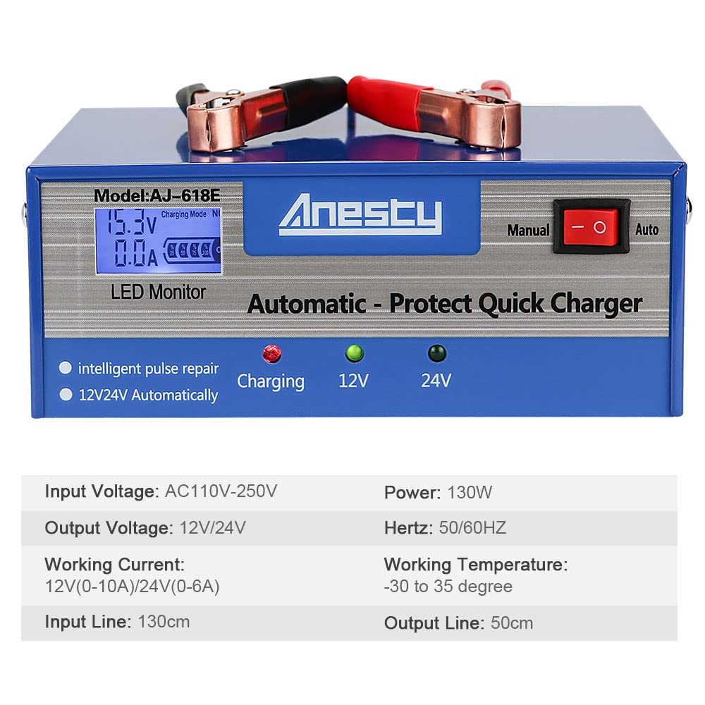 Caricabatteria per auto, unità di ricarica automatica per batteria da 12 V/24 V, monitor intelligente per mantenere il caricabatterie con schermo LED, ideale per vari veicoli, furgoni, trattori