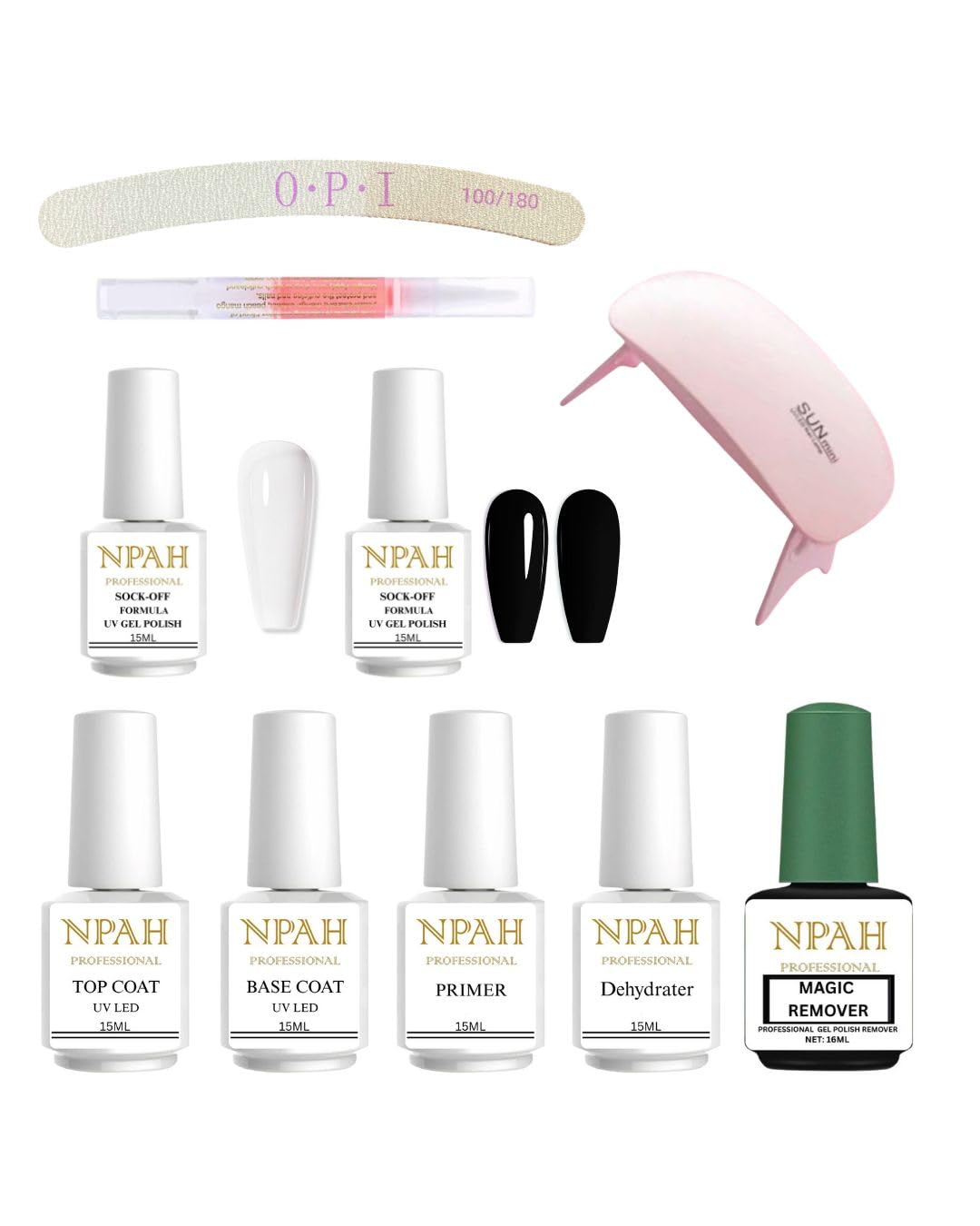 NPAH Professional Gel Nail Polish Starter Kit (Set of 10) | Includes UV Lamp, Black & White Gel Polish, Top/Base Coat, Primer, Dehydrator, Remover, Cuticle Oil & File