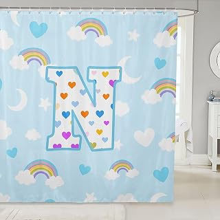 jejeloiu Cute Blue Rainbow Shower Curtain Star Moon Print Bath Curtain Personalized Letter N Bathroom Waterproof Accessories with 12 Hooks Colorful Love Heart Waterproof Polyester,72x72 Inches
