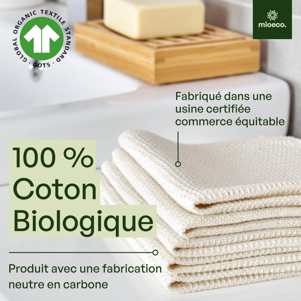 Mioeco Lot de 20 Essuie-Tout Réutilisables – Sopalin Lavable en Coton Bio – Alternative Durable aux Essuie-Tout Jetables – Ultra Absorbant, Résistant & Écologique