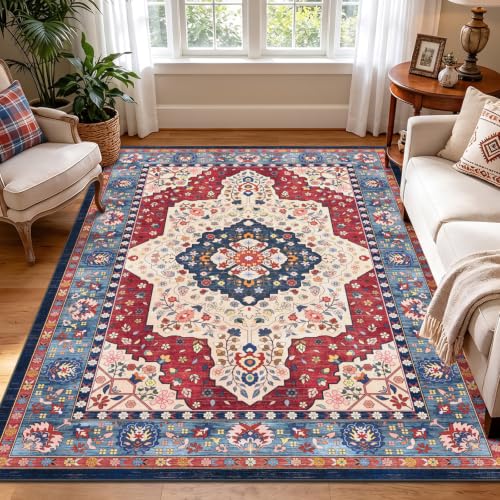 TUKDAK Vintage Teppich Wohnzimmer 120x180cm, Rot Blau Waschbarer Teppich Schlafzimmer, Boho Kurzflor Esszimmer Teppiche… – Ansicht 1