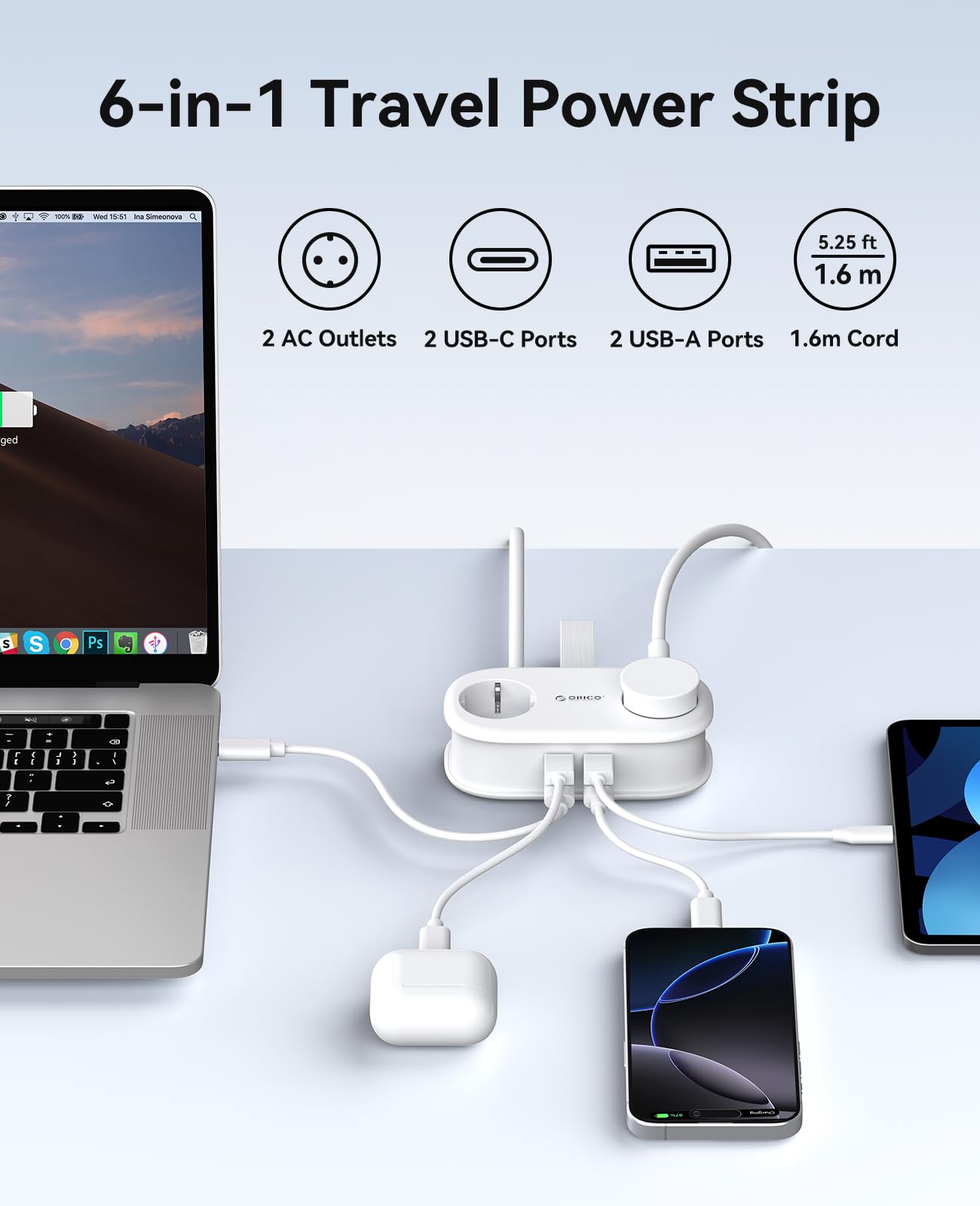 ORICO 65W GAN Enchufe Múltiple de Viaje con USB-C, 6-en-1 Regleta de Carga Rápida con 4 USB, Regleta con Cable de 1.6m Retráctil para MacBook, iPad, Móvil, Viajes - AP3 Blanco