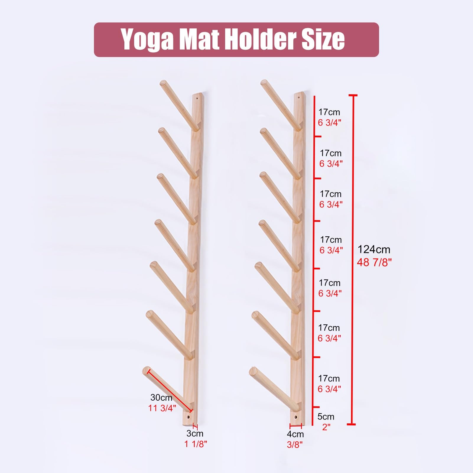 Soporte para esterillas de Yoga, Estante de Pared para esterillas de Yoga, Soporte de Madera de un Nivel para 2 esterillas, Organizador de Gimnasio, Estante de exhibición de 7 Niveles (124 c
