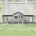 COZIWOW 82inches Extra Large Wood Rabbit Hutch Outdoor Easy to Assemble and Stable Bunny Cage Indoor with Cleaning Tray & Waterproof Roof for Small and Medium Bunny Rabbit Chick?Grey with Pattern?
