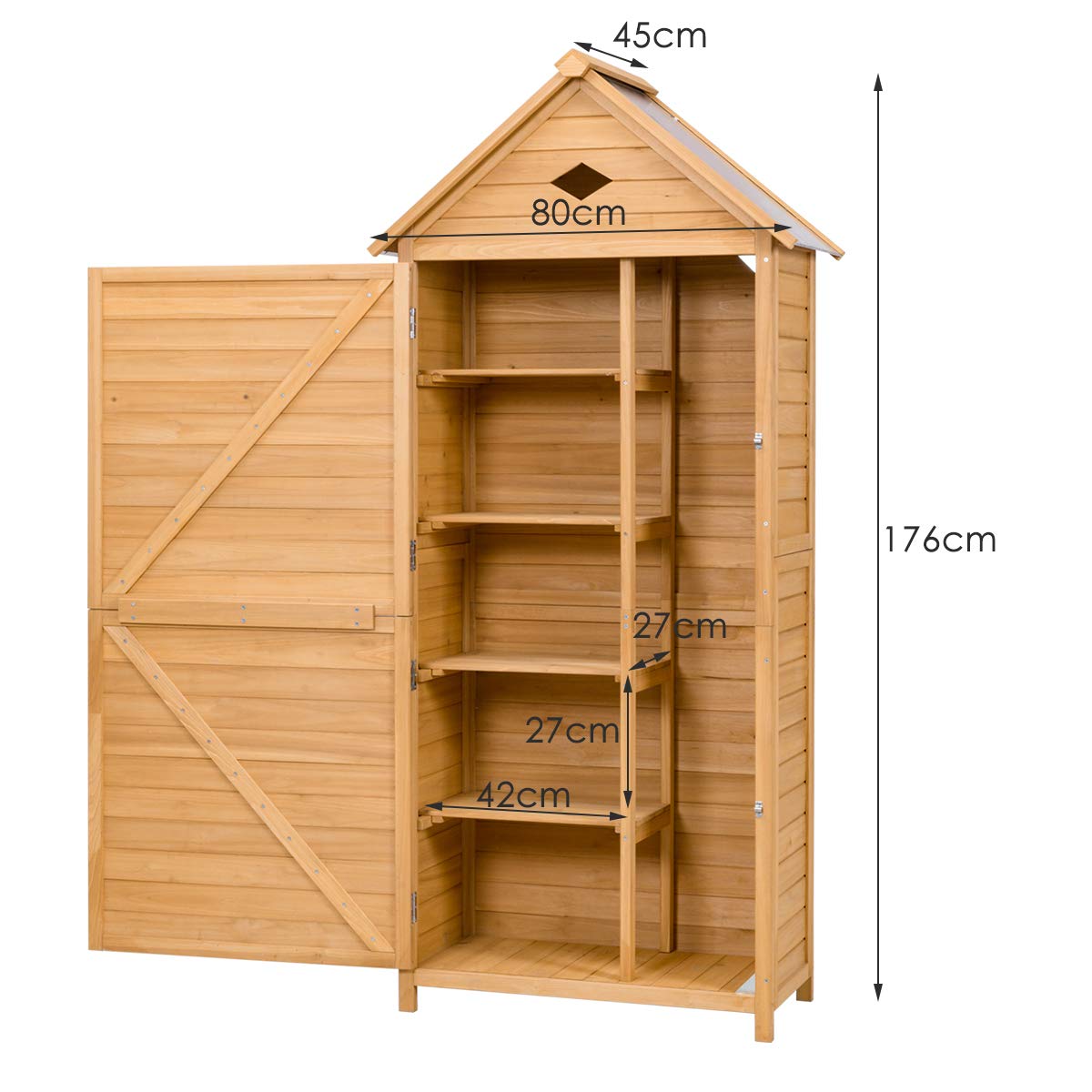 DREAMADE Casetta Porta Attrezzi da Esterno Ripostiglio da Giardino Capanno per Attrezzi in Legno, 176 x 70 x 36 cm