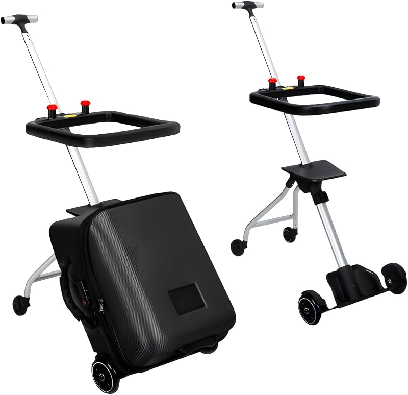 valija para niños, equipaje para niños de 20 pulgadas con asiento para niños, estuche desmontable 2 en 1 y cochecito de bebé, carrito de viaje para estudiantes, caja de juguetes para embarque, negro
