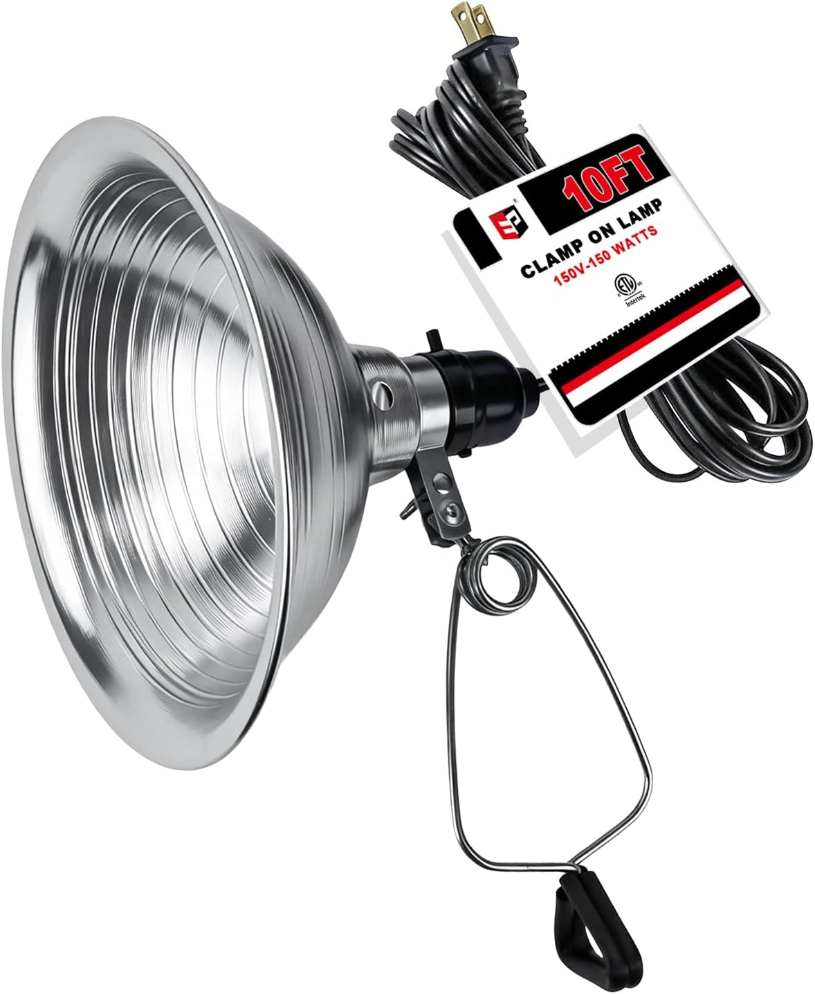 EP Clamp Lamp Light with Detachable 8.5 Inch Aluminum Reflector, 150 Watt E26 Socket (No Bulb Included), 8 Foot 18/2 SPT-2 Cord Cord, 1 Pack